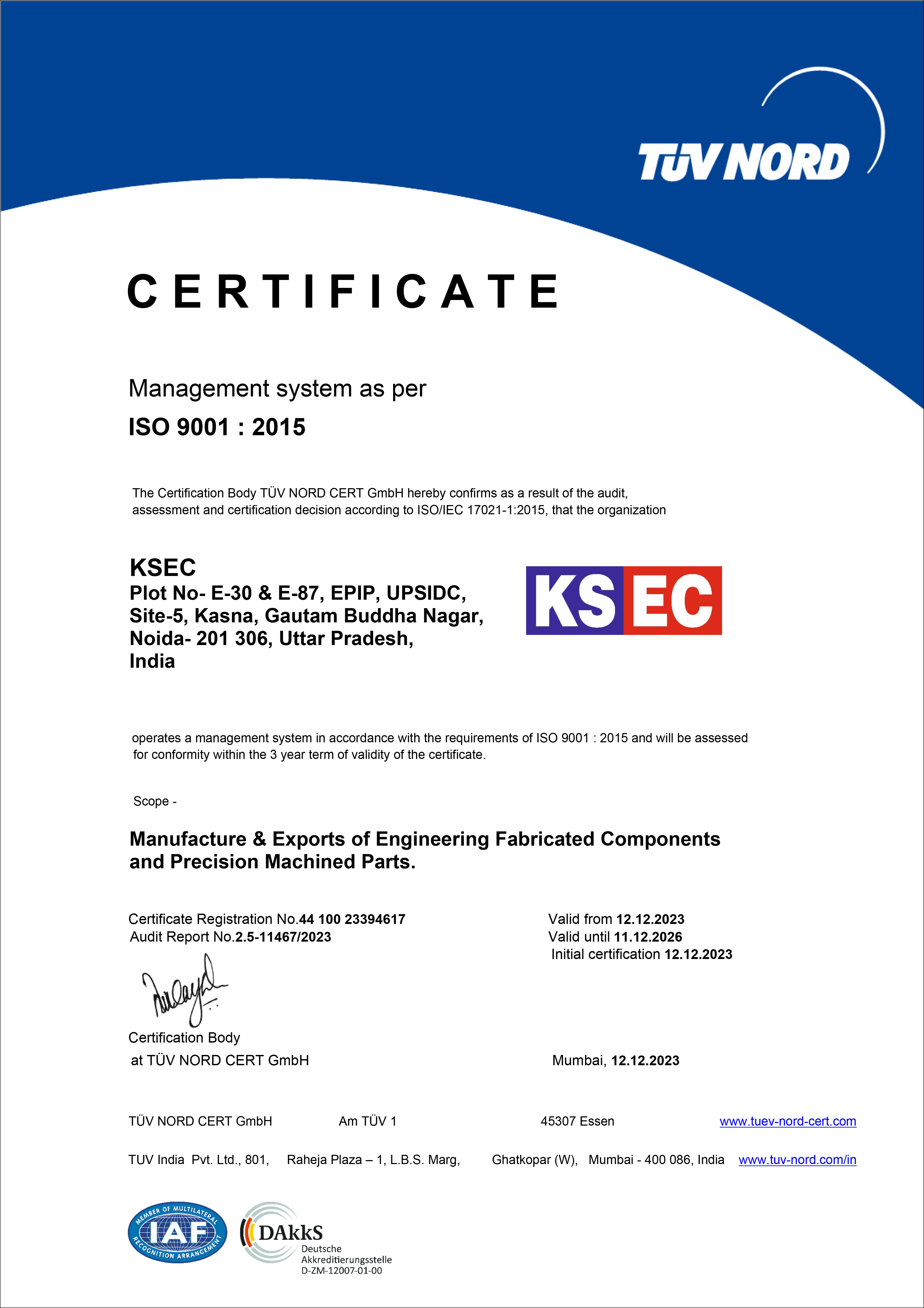 ISO 9000 TUV KSEC- Certificate